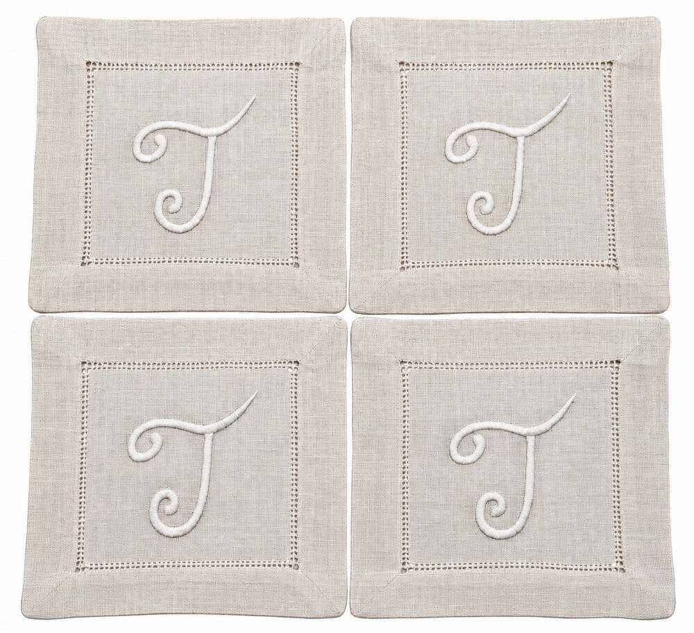 Sferra Bros Ltd Vintage “T” Hand Embroidered Linen CKTL Napkins Set 4 NIP Italy